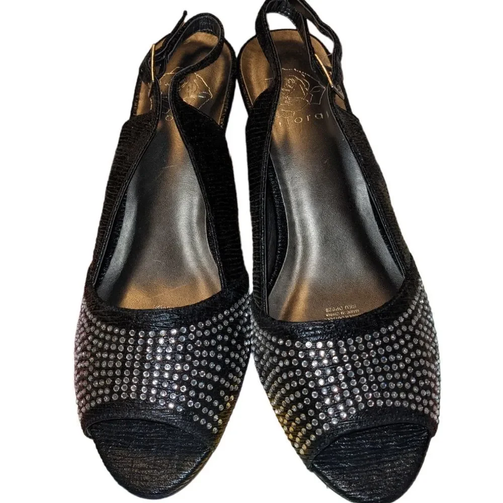 Floral black faux leather heeled sandals with rhinestone details‎ size 8.5 Wide